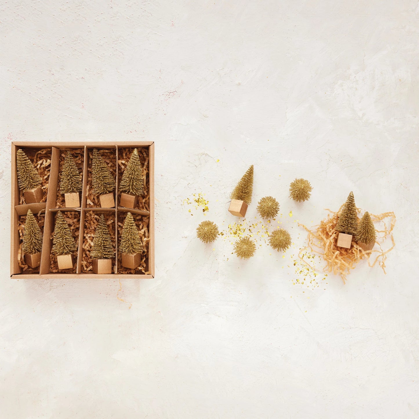 Bottle Brush Trees with Wood Bases | Boxed Set of 8