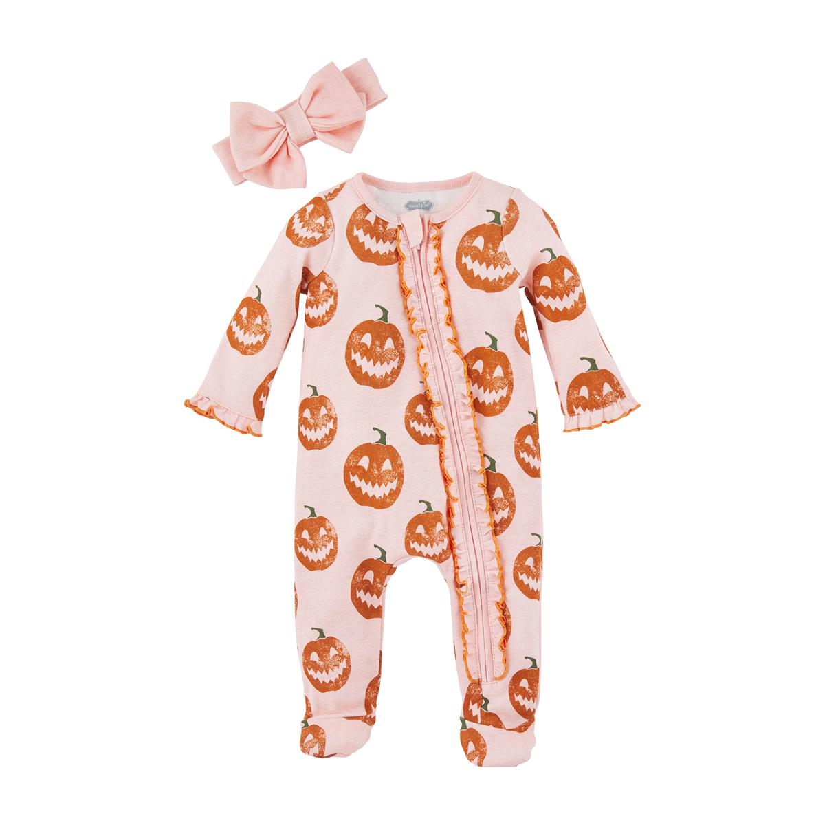 Jack O' Lantern Print Sleeper with Headband 6-9M