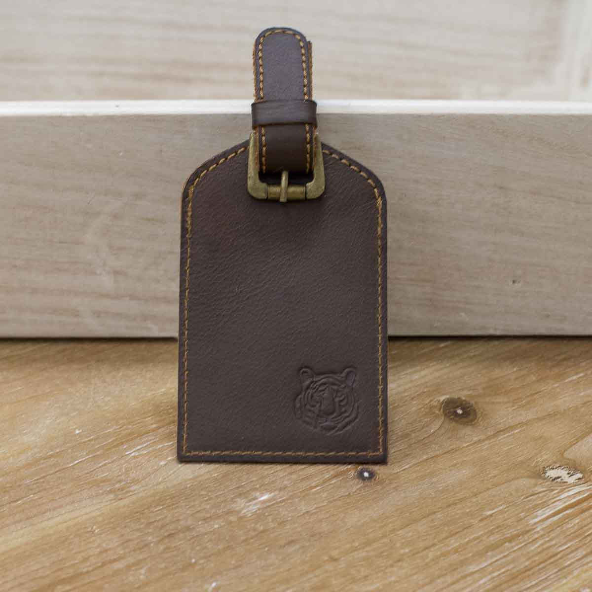 Tiger Leather Embossed Luggage Tag Dark Brown