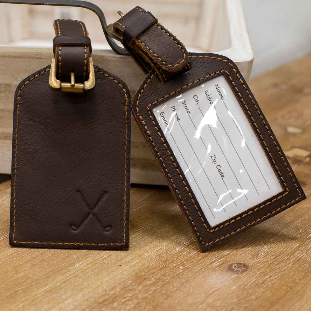 Golf Leather Embossed Luggage Tag Dark Brown