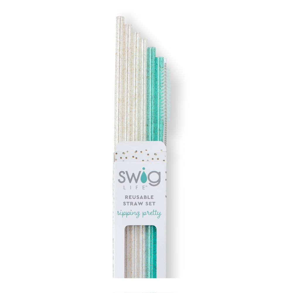 Reusable Straw Set | Glitter Clear & Aqua