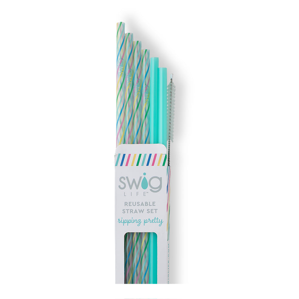Reusable Straw Set | Rainbow Stripe + Aqua