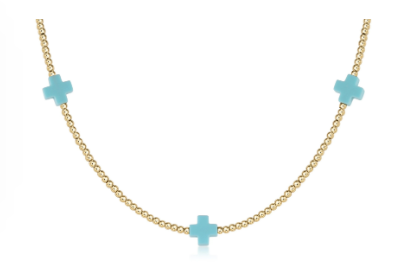 15" Choker Signature Cross Gold Pattern 2mm Bead - Turquoise