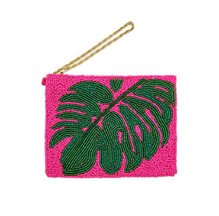 Leaf Beaded Pouch - Pink