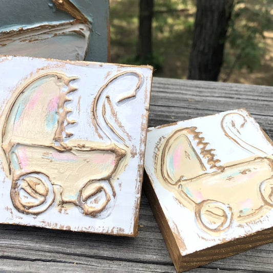 Cream Baby Carriage Textured Wood Block