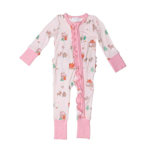Gingerbread Sleigh Pink Ruffle Zipper Romper | 3-6M