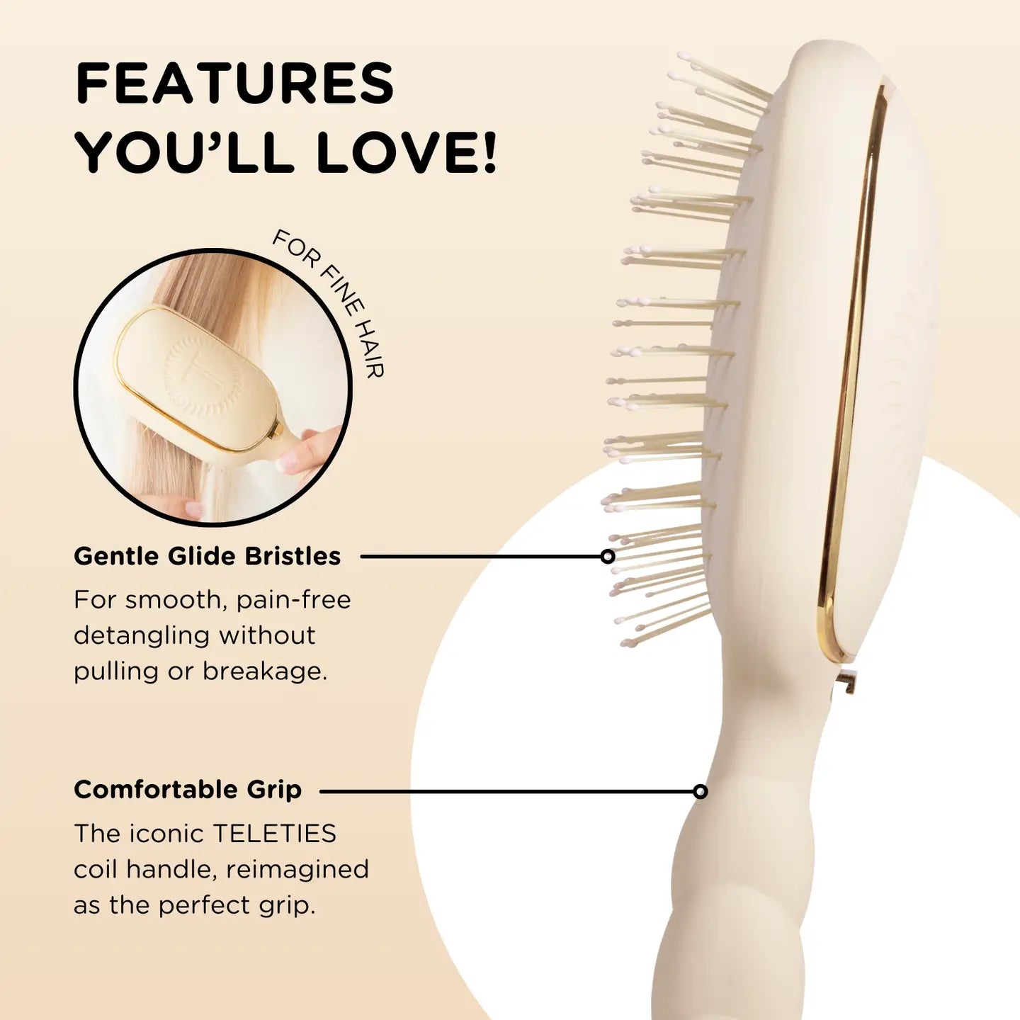 Teleties | Detangler Brush for Fine Hair | Tan