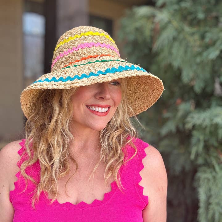 Raffia Bucket Hat | Colorful Ric Rac Ribbon Trim