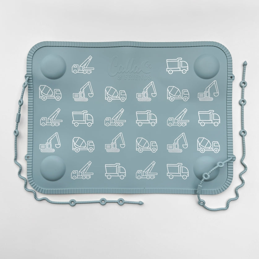 Tidy Traveler Printed Placemat Set | Powder Blue Trucks & Diggers