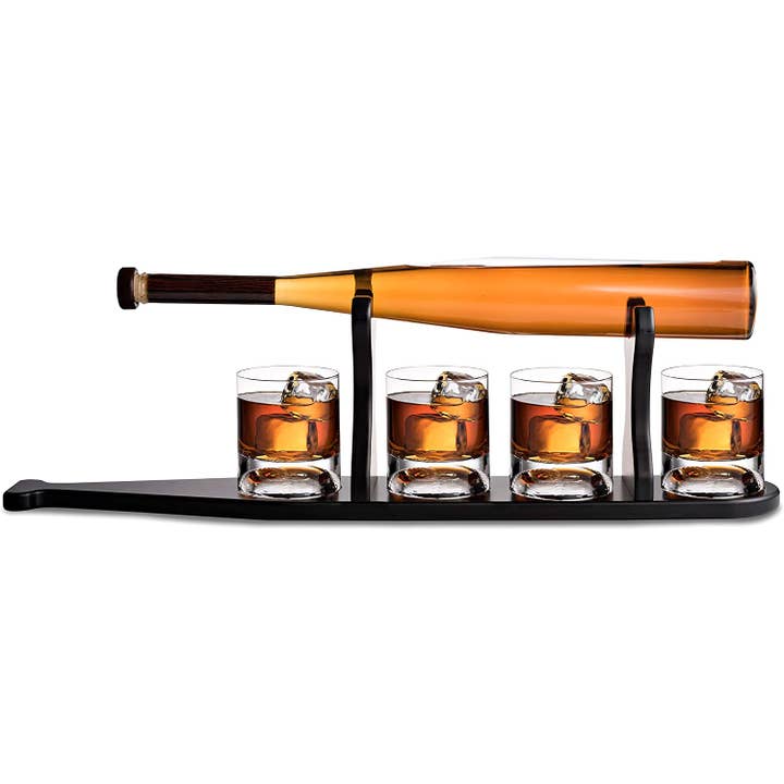 Baseball Bat Whiskey Decanter Set with 4 Baseball Glasses