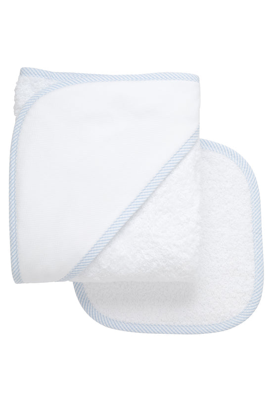 Seersucker Stripe Trim Baby Hooded Towel & Washcloth Set | Blue