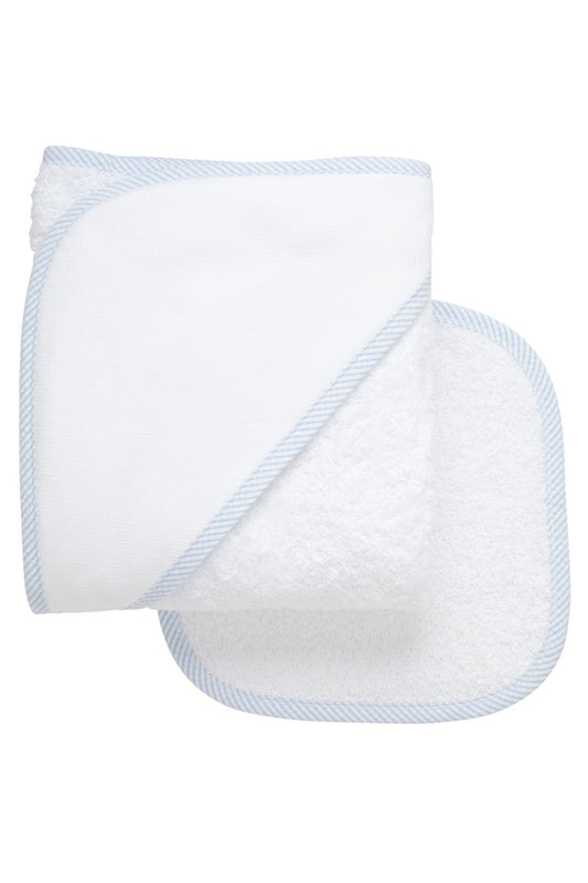 Seersucker Stripe Trim Baby Hooded Towel & Washcloth Set | Blue