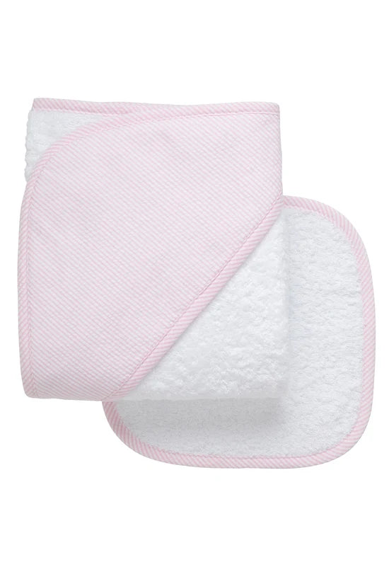 Seersucker Stripe Baby Hooded Towel & Washcloth Set | Pink