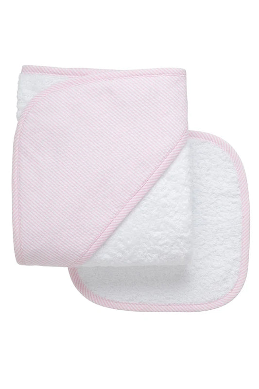 Seersucker Stripe Baby Hooded Towel & Washcloth Set | Pink