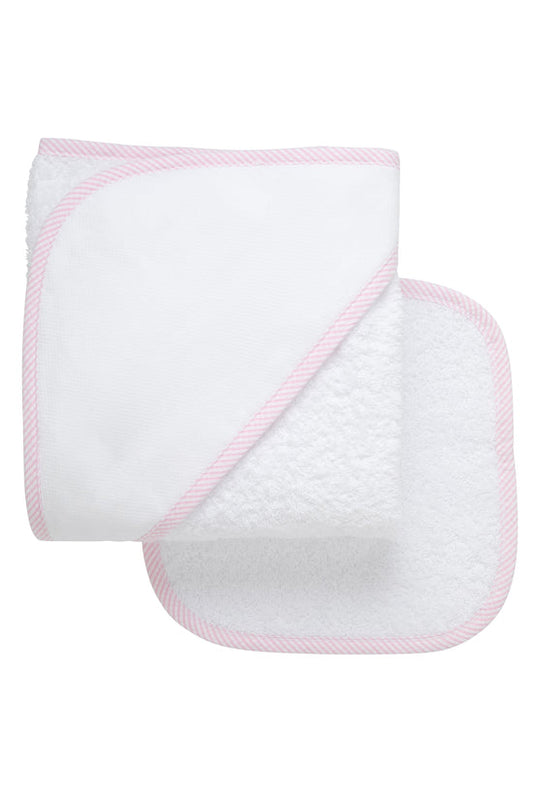 Seersucker Stripe Trim Baby Hooded Towel & Washcloth Set | Pink
