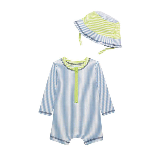 Blue Seersucker Rash Guard One-Piece Set
