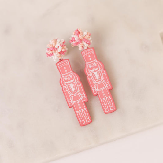 Nutcracker Pompom Earrings 3" | Pink