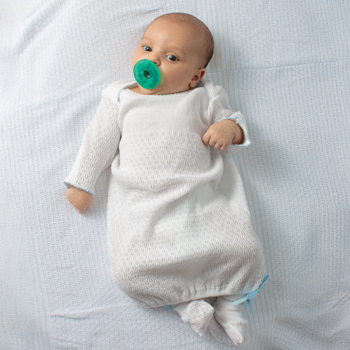 Newborn Overlap Shoulder Gown w/Bows | White/Blue