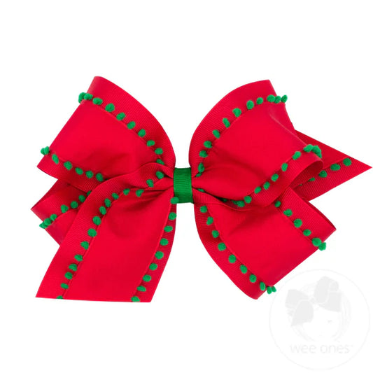 King Pom-Pom Edge Grosgrain Overlay Bow | Red Bow w/Green