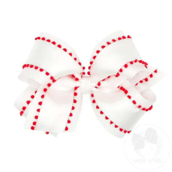 King Pom-Pom Edge Grosgrain Overlay Bow | White Bow w/Red
