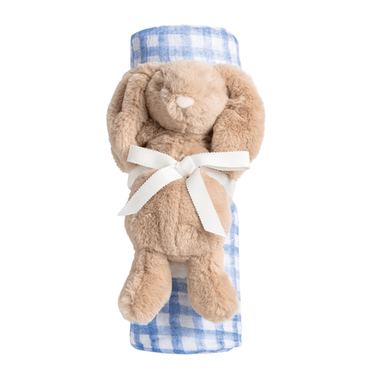 Blue Check Swaddle & Rattle Set
