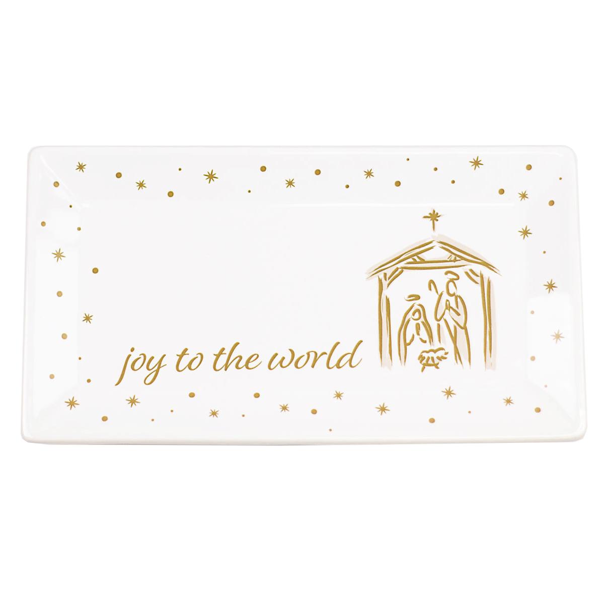 Joy To The World Nativity Rectangle Platter | White/Gold