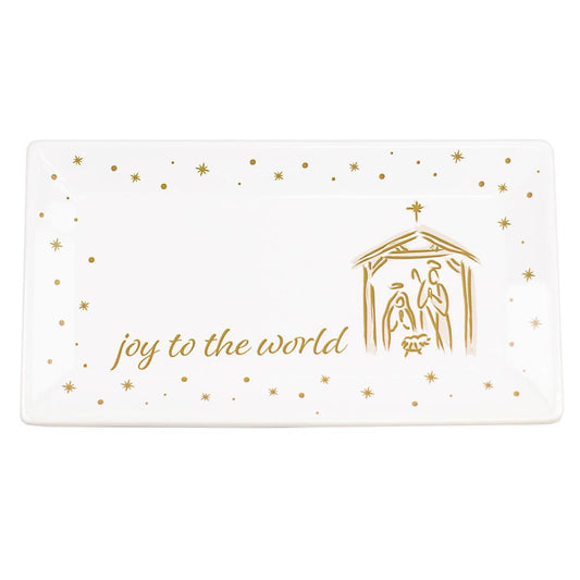 Joy To The World Nativity Rectangle Platter | White/Gold