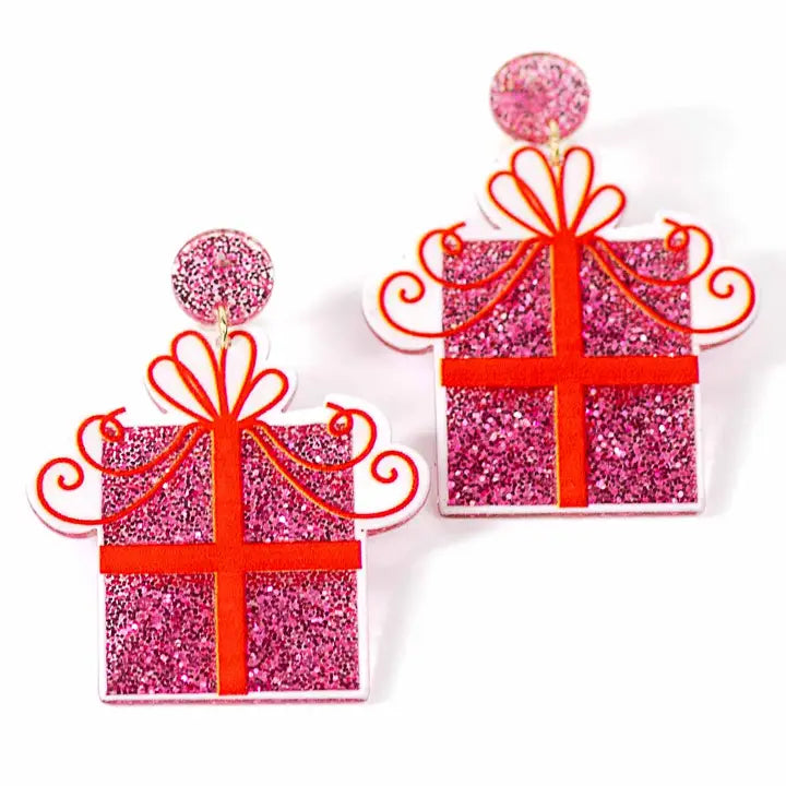 Sparkle Present Earrings 2" | Pink/Red