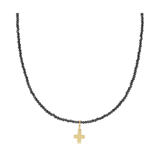 15" Choker Faceted Hematite 2mm Bead | Signature Cross Gold Charm
