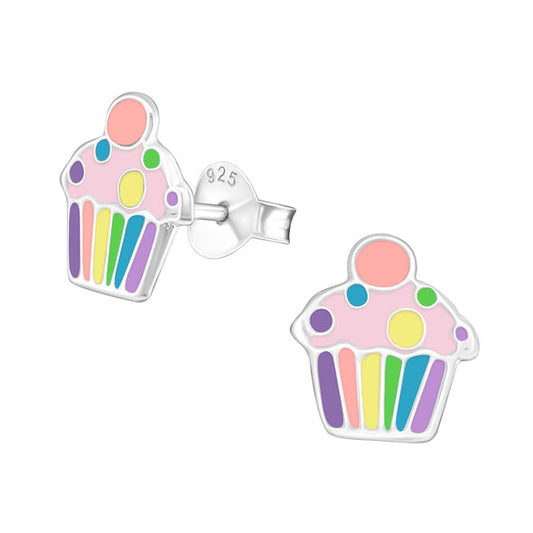 Sterling Silver Stud Earrings - Rainbow Cupcake