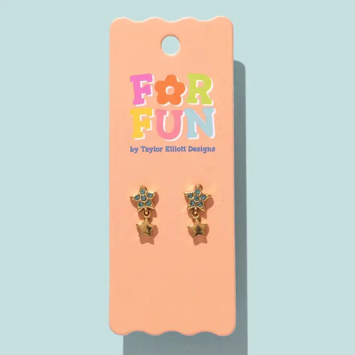 Stud Earrings | Aqua + Gold Dangle Stars