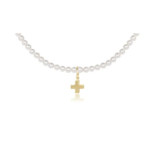 15” Choker Classic Pearl 3mm Bead | Signature Cross Gold Charm