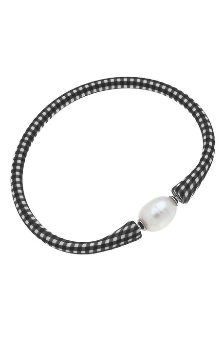 Bali Freshwater Pearl Silicone Bracelet in Black Gingham