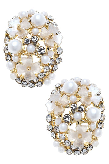 Genevieve Pearl & Rhinestone Flower Stud Earrings | Ivory