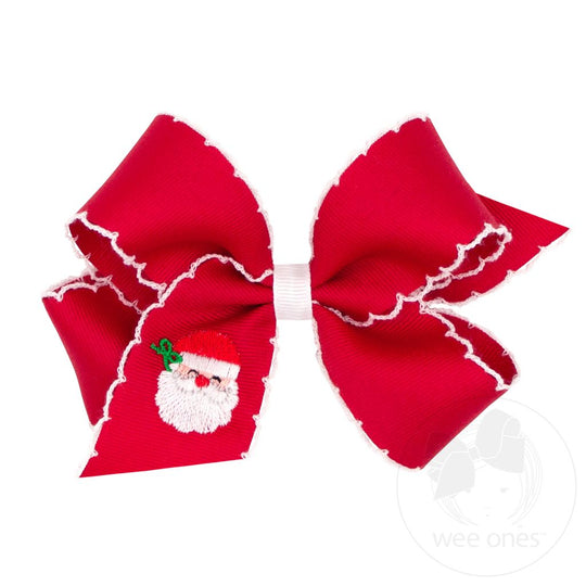 Medium Grosgrain Hair Bow with Moonstitch Edge | Red Bow w/Santa