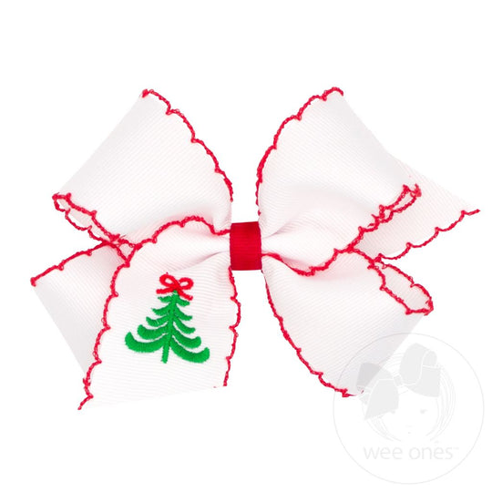 Medium Grosgrain Hair Bow with Moonstitch Edge | White Bow w/Tree