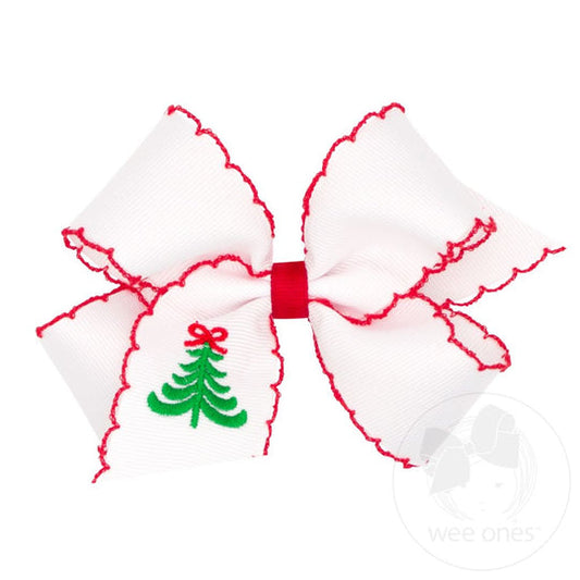 Medium Grosgrain Hair Bow with Moonstitch Edge | White Bow w/Tree