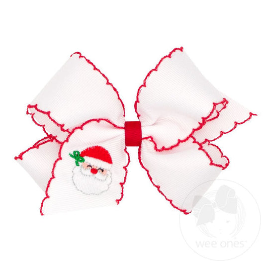 Medium Grosgrain Hair Bow with Moonstitch Edge | White Bow w/Santa