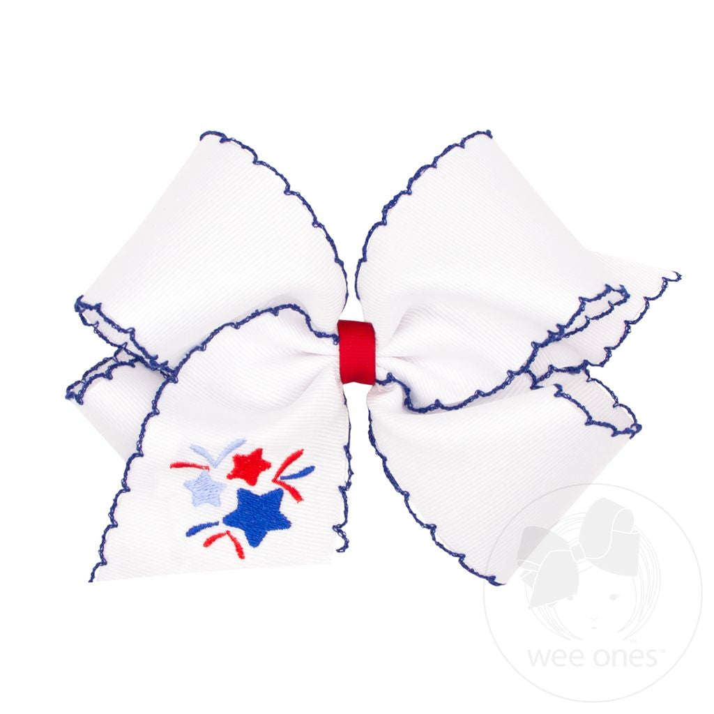Fireworks Patriotic Embroidery on Moonstitch Edge Hair Bow