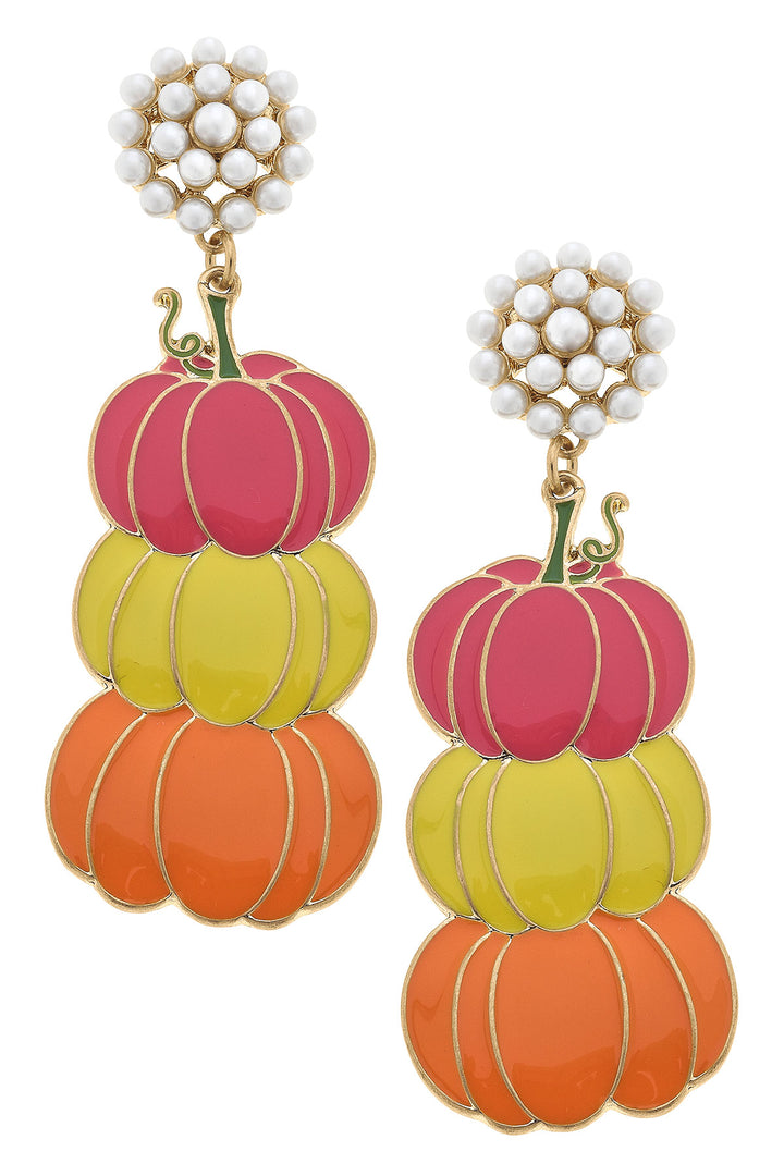 Halloween Enamel Stacked Pumpkins Earrings in Pink/Yellow/Orange