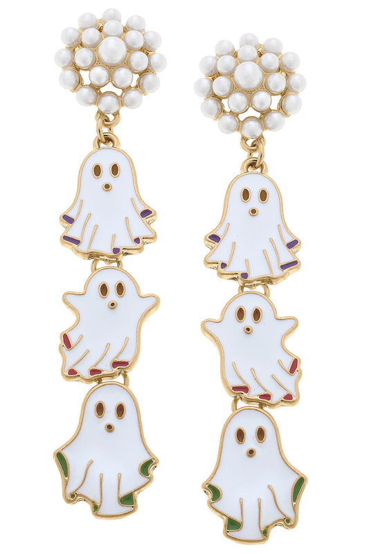 Halloween Enamel Triple Ghost Earrings in White