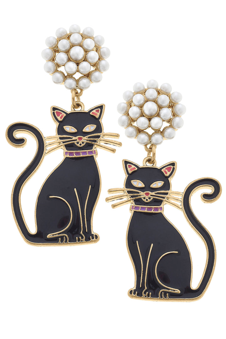 Halloween Enamel Black Cat Earrings in Black