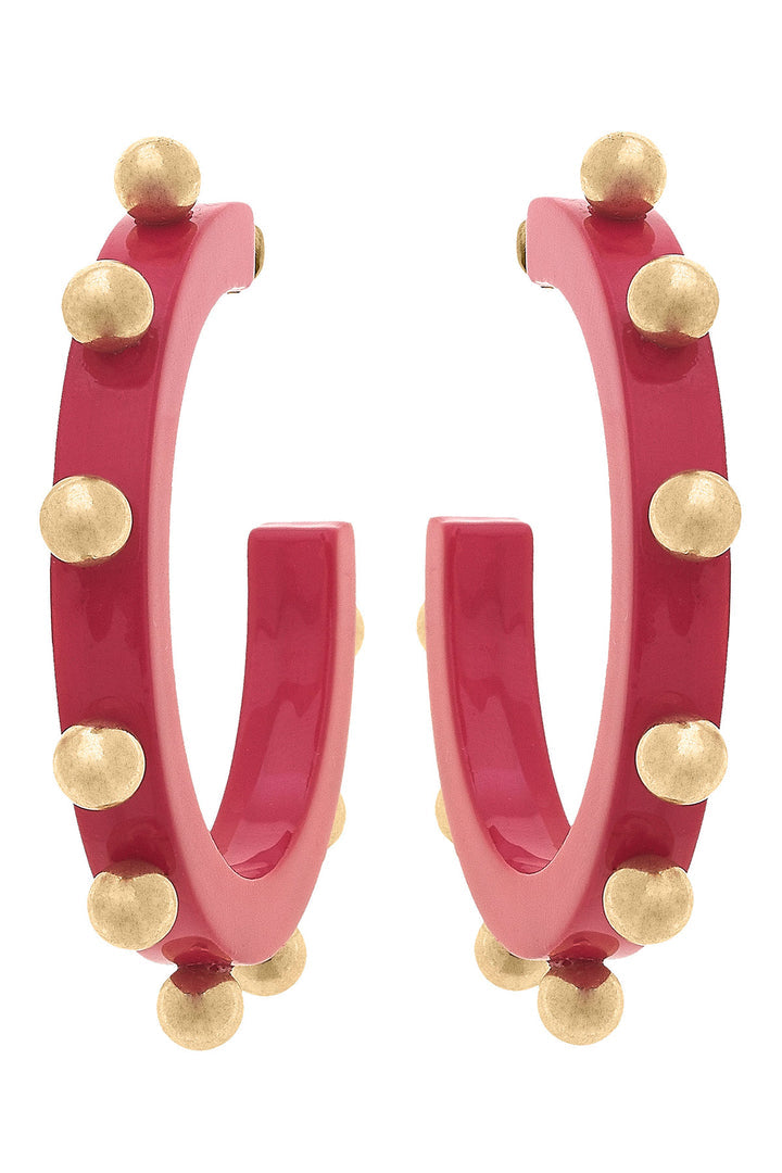 Kelley Studded Metal and Resin Hoop Earrings in Fuchsia