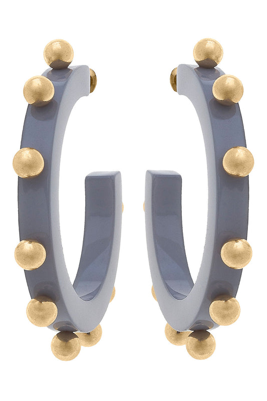 Kelley Studded Metal and Resin Hoop Earrings in Gray