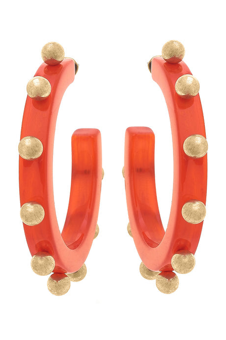 Kelley Studded Metal and Resin Hoop Earrings in Orange