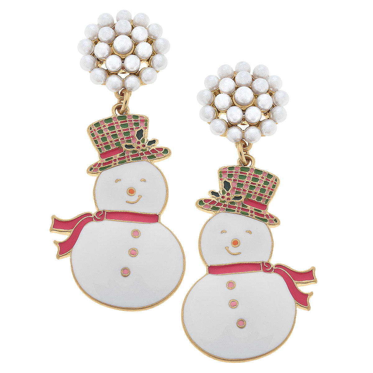 Snowman Enamel Earrings in White/Pink/Green