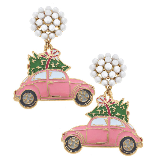 Volkswagen with Christmas Tree Enamel Earrings in Pink and Green