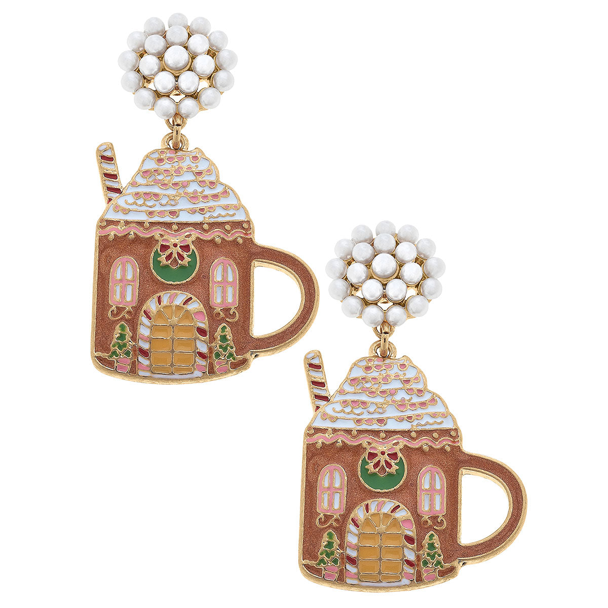 Gingerbread House Mug Enamel Earrings in Brown and Pink