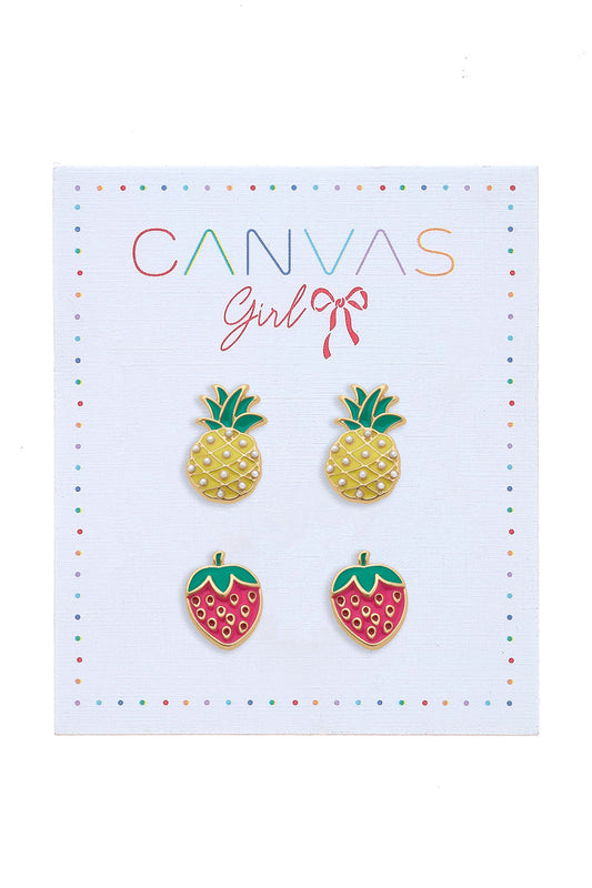 Madeleine Strawberry & Pineapple Children's Stud Earrings in Worn Gold