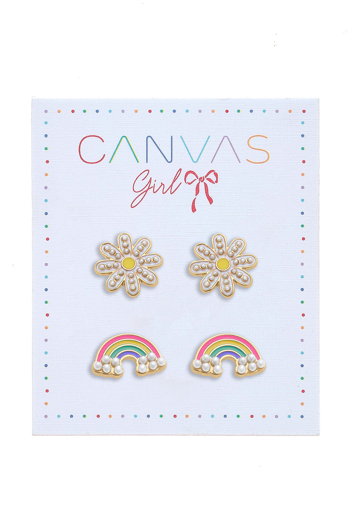 Madeleine Rainbow & Daisy Children's Stud Earrings in Worn Gold